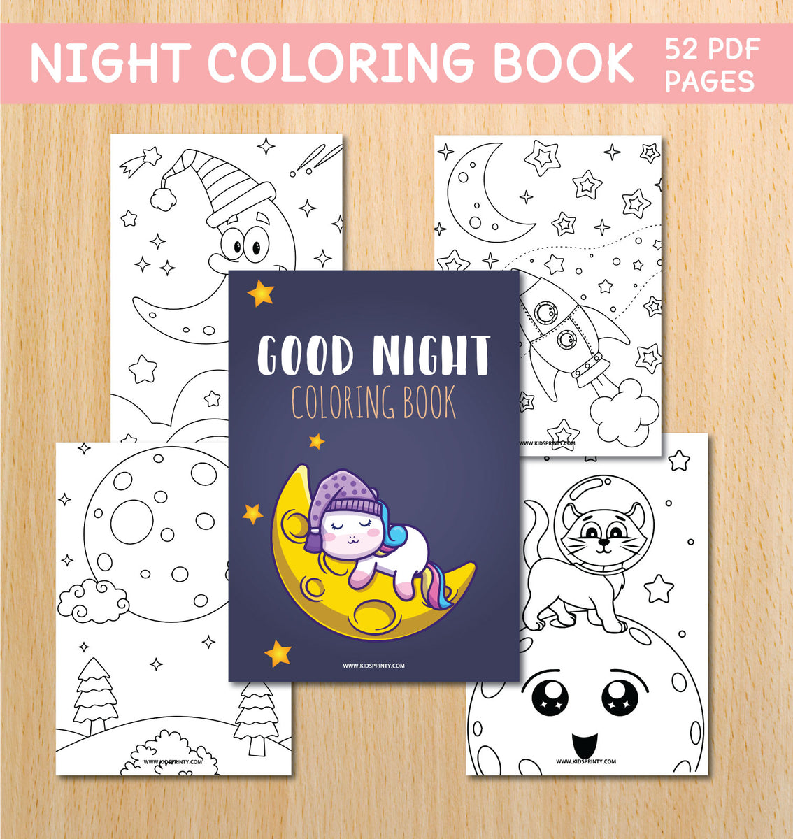 Night Coloring Book (52 Pages) Kids Printy