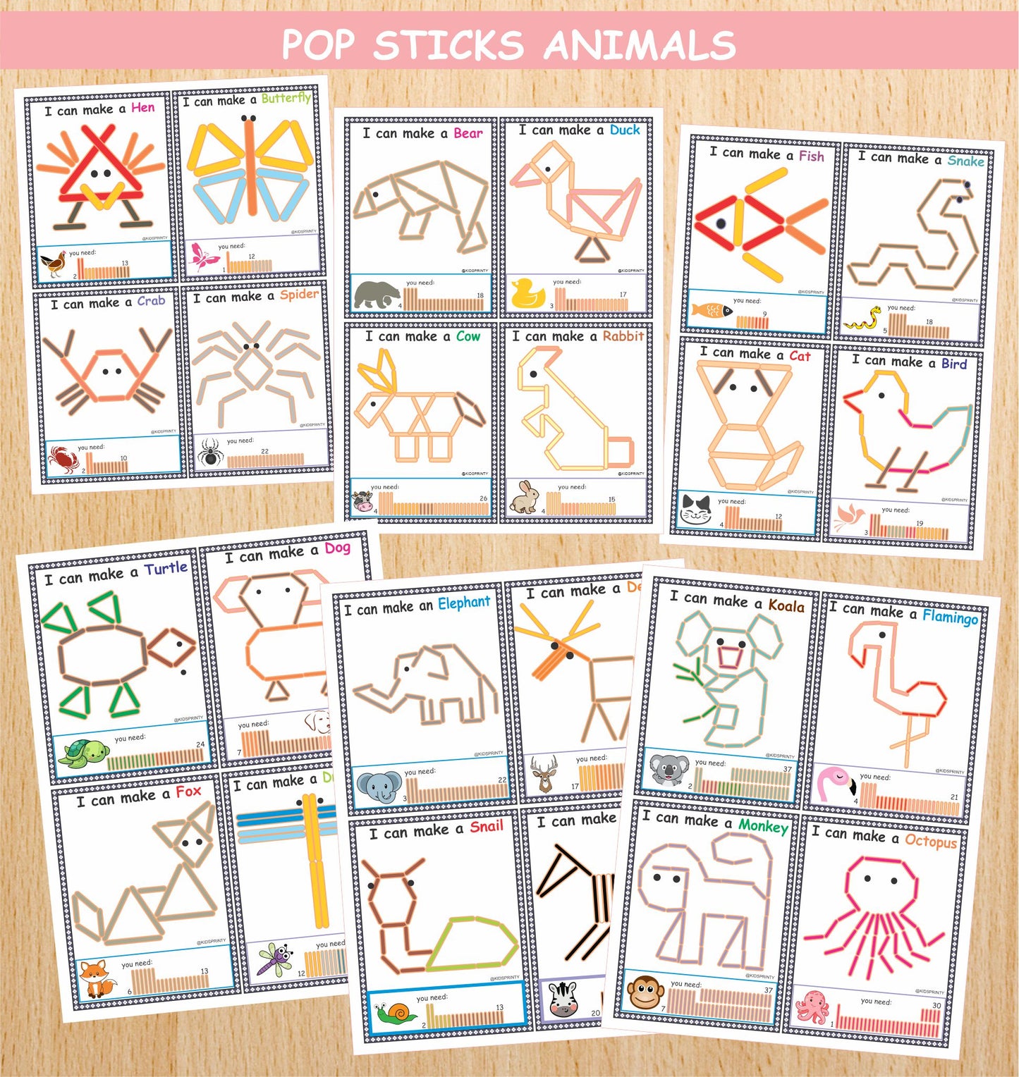 Animals Popsicle Sticks (24 Visual Cards)