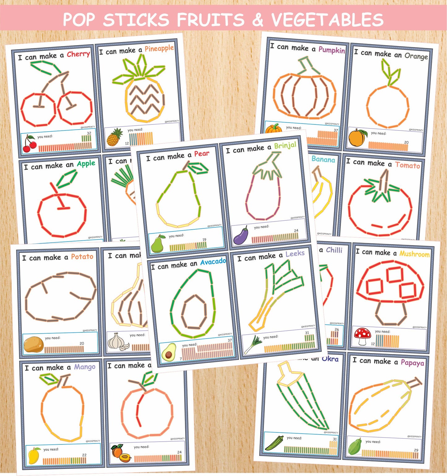 Fruits & Vegetables Popsicle Sticks (20 Visual Cards)