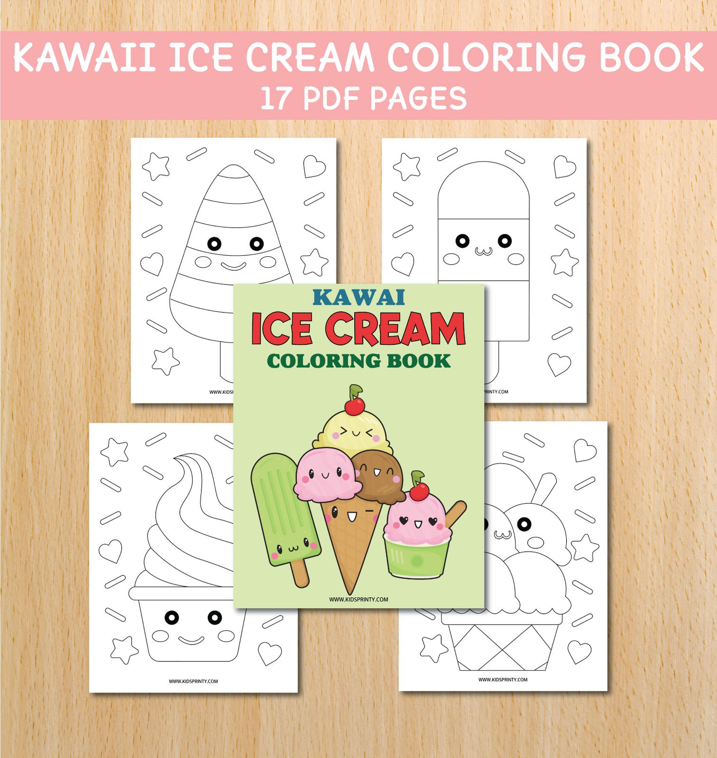 Kawaii Ice Cream Coloring Book (17 Pages)