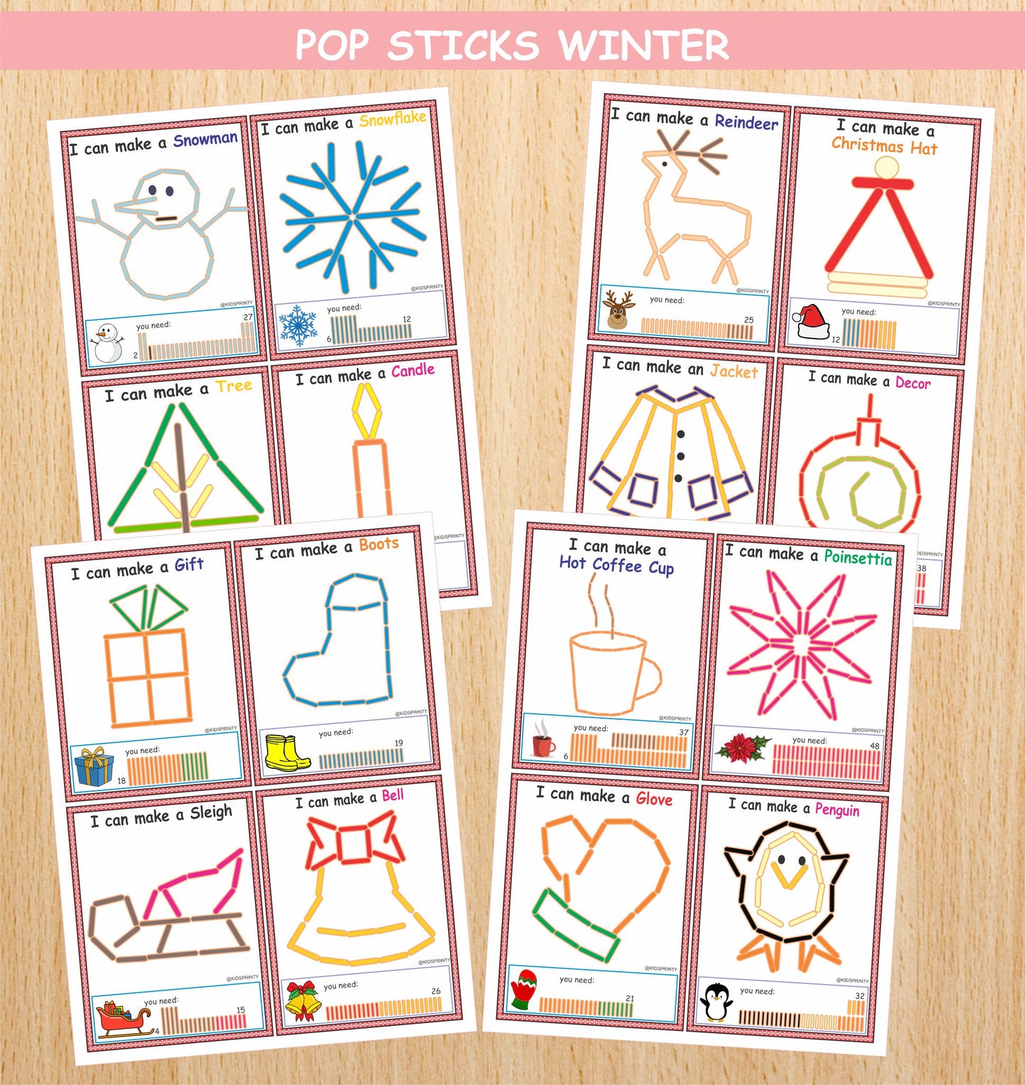 Winter Popsicle Sticks (16 Visual Cards)