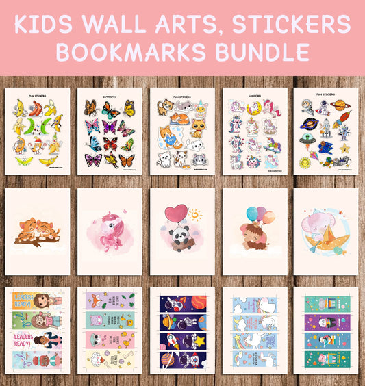 Kids Wall Art, Stickers, Bookmarks Bundle